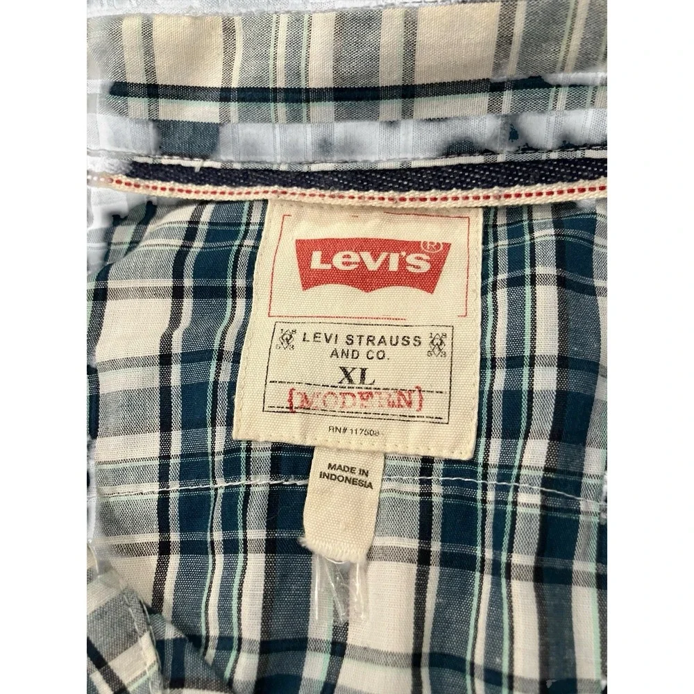Levi's Shirt Mens XL Western Pearl Snap Blue Plaid Long Sleeve‎ Cotton Cowboy
